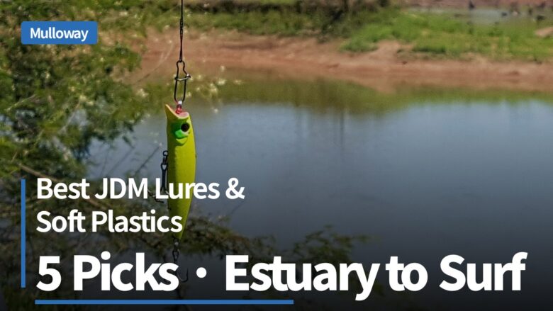 Chartreuse JDM hardbody lure hanging over an estuary, the kind used for mulloway