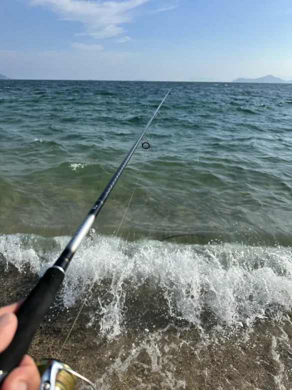 波立つ海際でシーバスロッドを構える