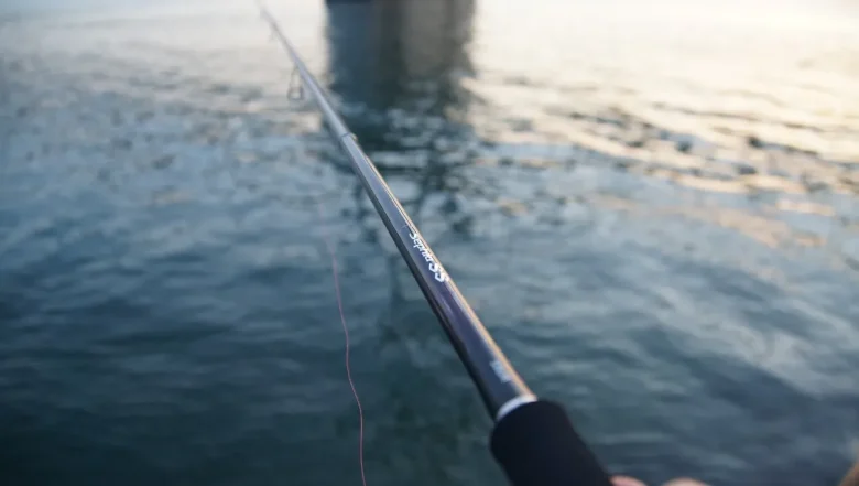 堤防からエギングロッドを構えた朝の海面