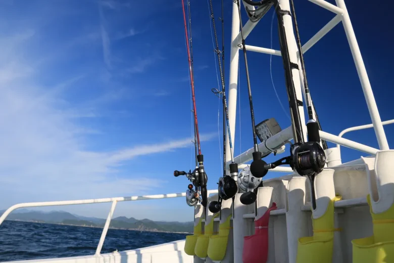 Rods standing along the gunwale of a boat with blue sea behind