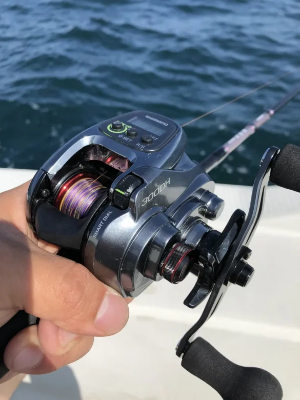 電動リールを取り付けたタックルを船上で構える