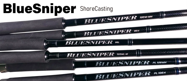 Yamaga Blanks Blue Sniper shore casting rods lined up with reel seat and guide details