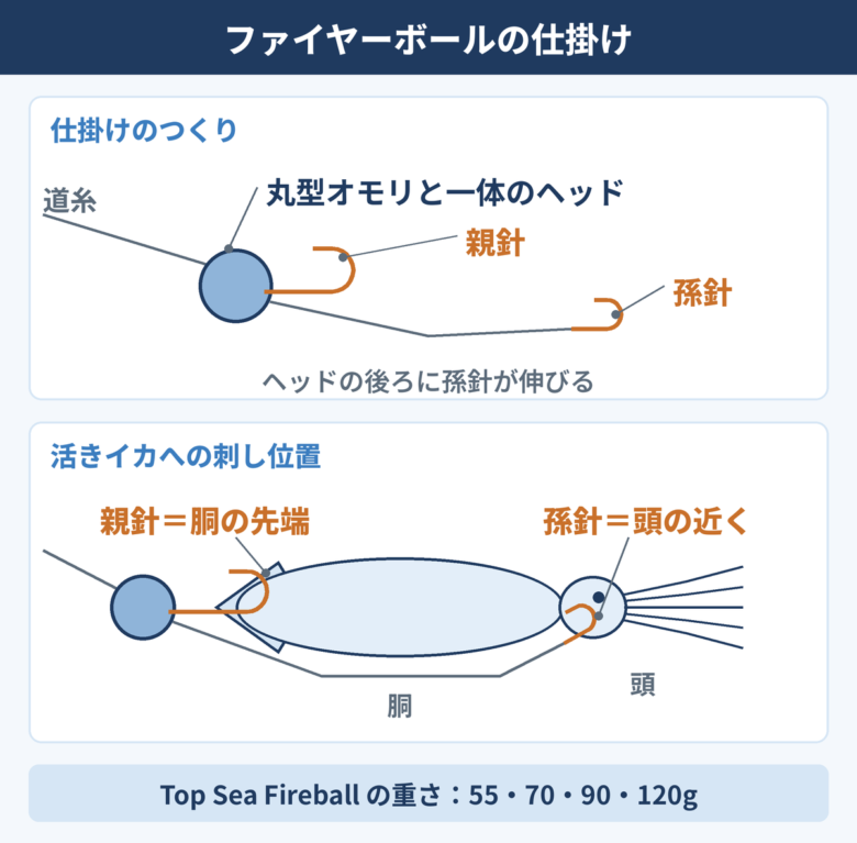 ファイヤーボールの仕掛け図。丸型オモリと一体のヘッドに親針と孫針が付き、活きイカの胴の先端と頭の近くに刺す