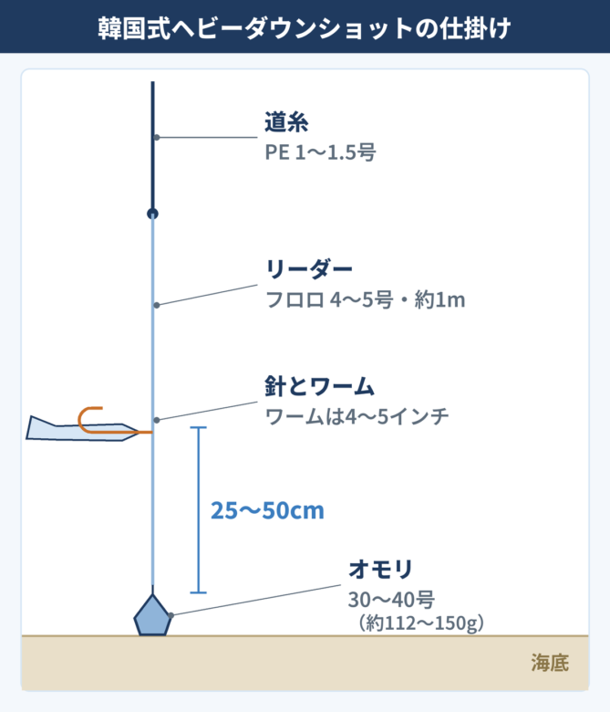 韓国式ヘビーダウンショットの仕掛け図。道糸PE、リーダー、針とワーム、25〜50cm下に30〜40号のオモリ
